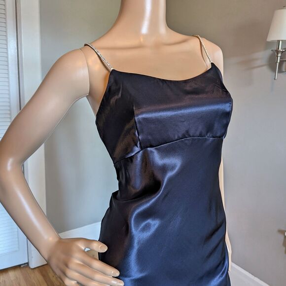 Vintage Slip Dress 90s Jessica McClintock Silky Blue Gown Rhinestone Prom 3/4 - Picture 4 of 11